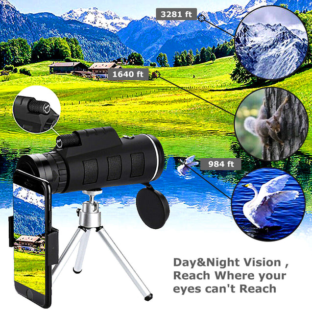 40X60 HD BAK4 Monocular Telescope+Phone Clip Tripod Night Vision Outdoor Hiking