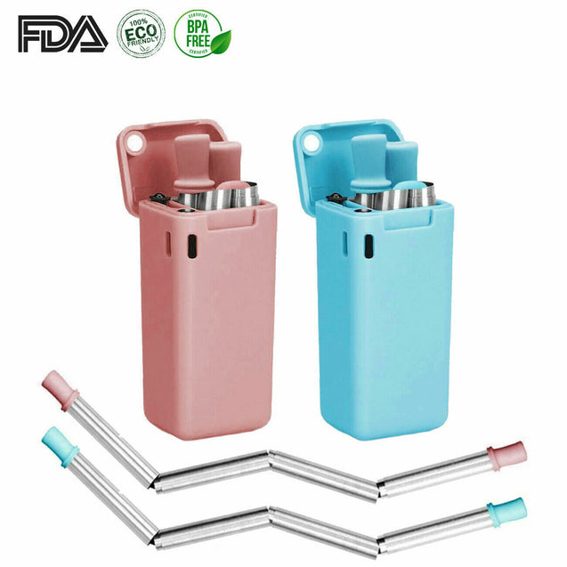 Pack of 2 ECO Friendly Reusable Collapsible Straws Stainless Steel Portable Case