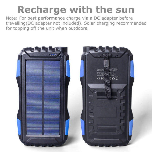 25000mAh Solar Power Bank Battery Dual USB Waterproof Charger for Phone 3 Color