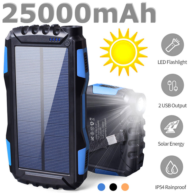 25000mAh Solar Power Bank Battery Dual USB Waterproof Charger for Phone 3 Color