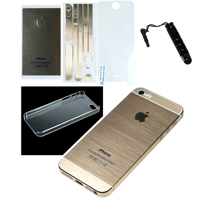 Gold Full Body Wrap Decal Skin Sticker + Stylus + Clear Cover for iPhone 5 5S