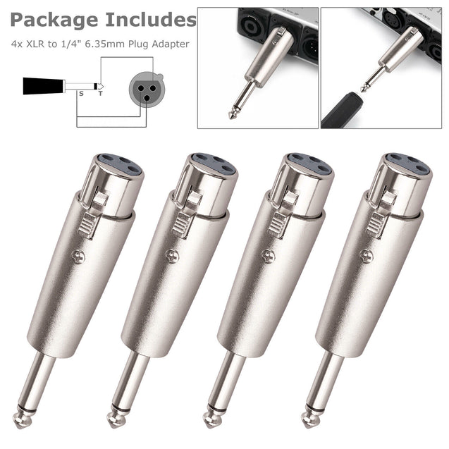 3Pin XLR Female to 1/4" 6.35mm Mono Male Plug Audio Cable Mic Adapter 4 Pack