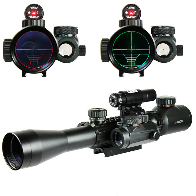 3-9X40 Illuminated Rifle Scope with Red Laser & 5 MOA Dot Sight