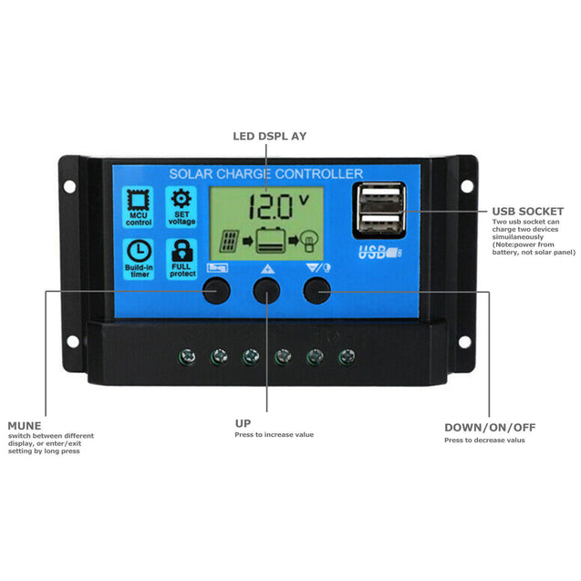 60A 12V/24V PWM Solar Panel Regulator Charge Controller Auto Focus Tracking