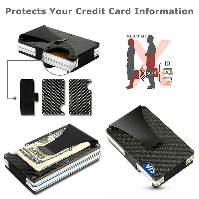 Men's RFID Blocking Slim Money Clip Carbon Fiber Wallet ID Credit Card Holder