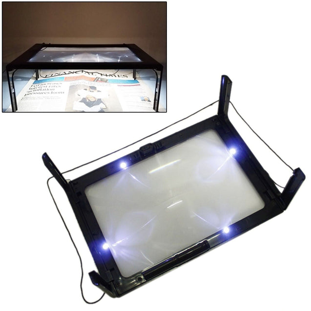 Full Page 3X Large Magnifier Book Reading Aid Magnifying Glass w/ 4 LED Lights