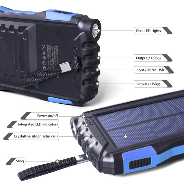 25000mAh Solar Power Bank Battery Dual USB Waterproof Charger for Phone 3 Color
