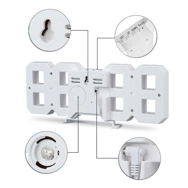 Digital 3D LED Big Wall Desk Alarm Clock Snooze 12/24 Hours Auto Brightness USB