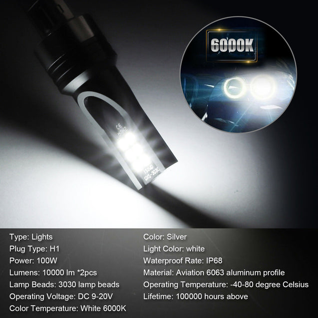 2PCS H1 LED Headlight Bulbs Conversion Kit 100W 14000LM 6500K High Low Beam Lamp