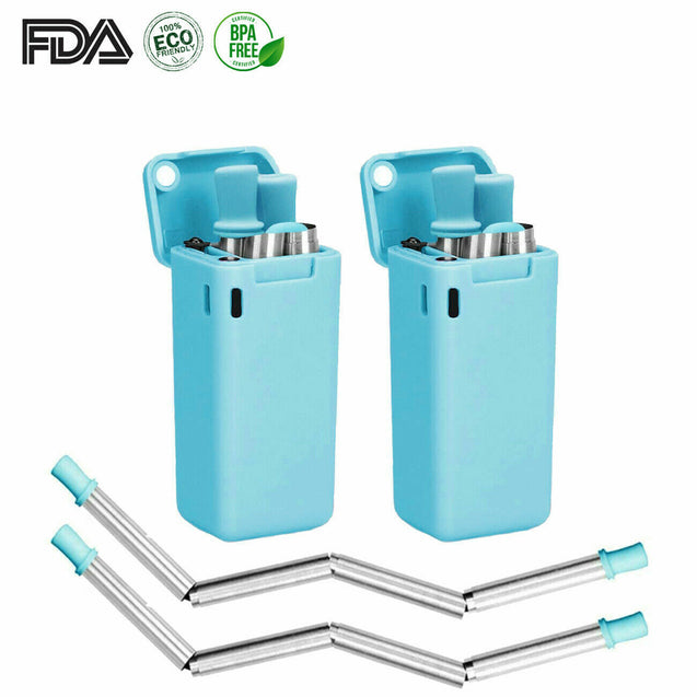 Pack of 2 ECO Friendly Reusable Collapsible Straws Stainless Steel Portable Case