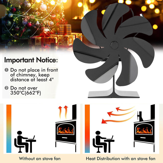 7 Blade 1400rpm Fireplace Stove Fan Heat Powered Silent Wood Log Fuel Saving Eco