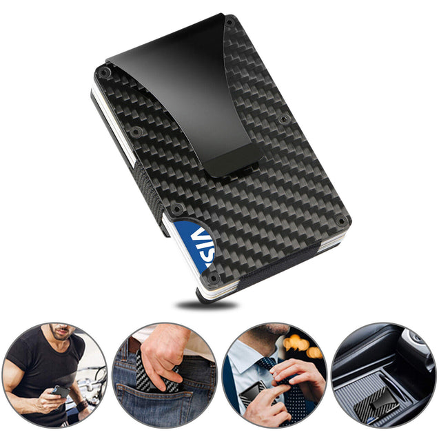 Men's RFID Blocking Slim Money Clip Carbon Fiber Wallet ID Credit Card Holder
