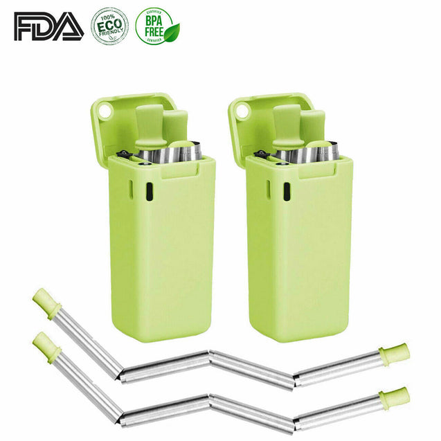 Pack of 2 ECO Friendly Reusable Collapsible Straws Stainless Steel Portable Case