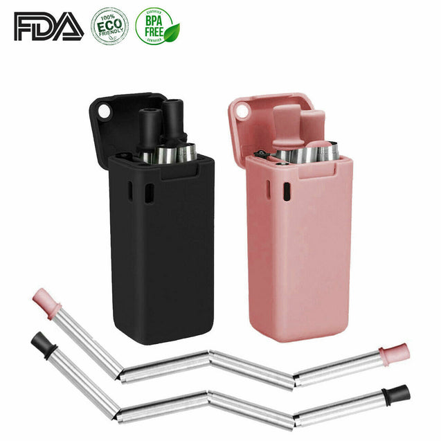 Pack of 2 ECO Friendly Reusable Collapsible Straws Stainless Steel Portable Case