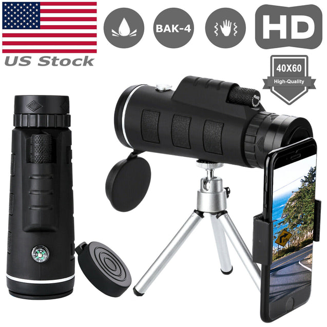 40X60 HD BAK4 Monocular Telescope+Phone Clip Tripod Night Vision Outdoor Hiking