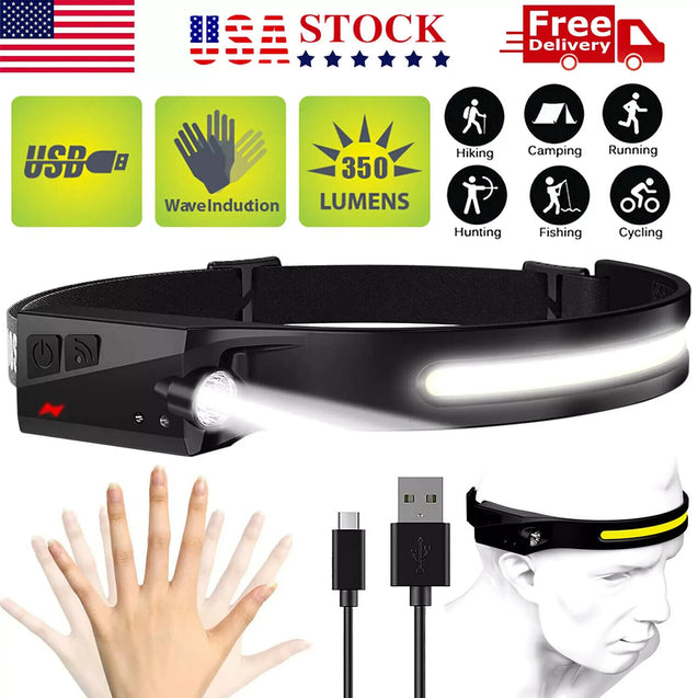 COB LED Headlamp USB Rechargeable Headlight Torch Work Light Bar Head Band Lamp