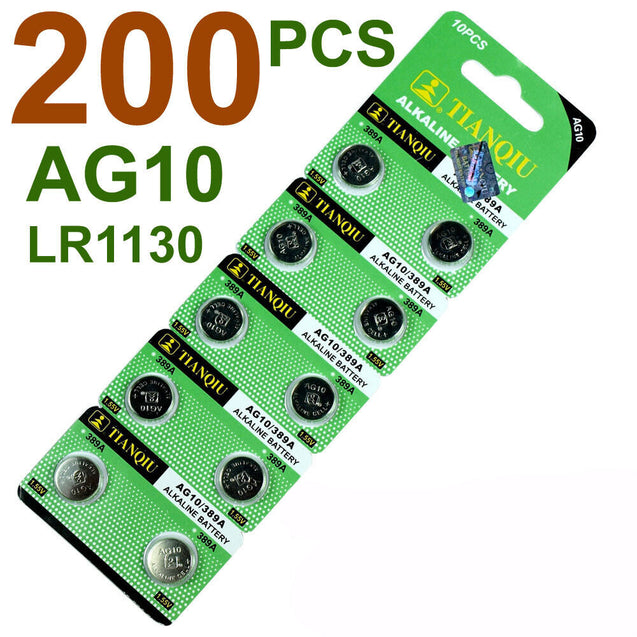 200 PCS  LR1130 AG10 389 Alkaline Battery 1.5V Button Cell for Watch Calculator