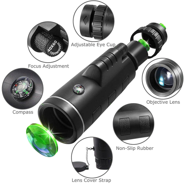 40X60 HD BAK4 Monocular Telescope+Phone Clip Tripod Night Vision Outdoor Hiking