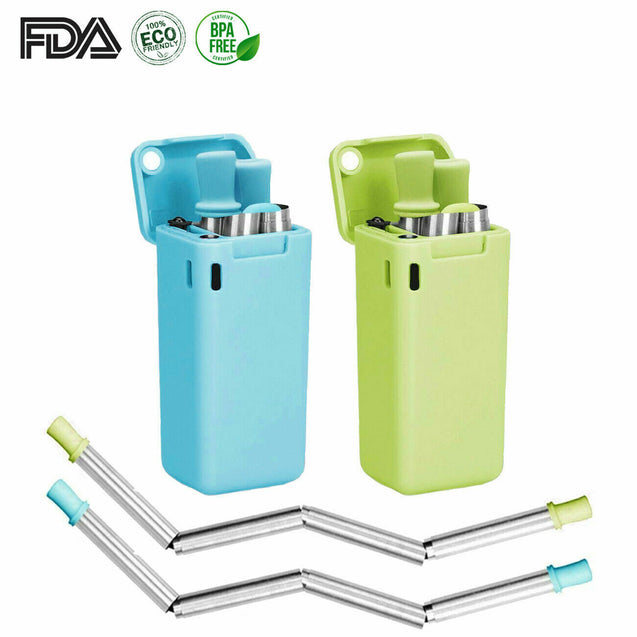 Pack of 2 ECO Friendly Reusable Collapsible Straws Stainless Steel Portable Case