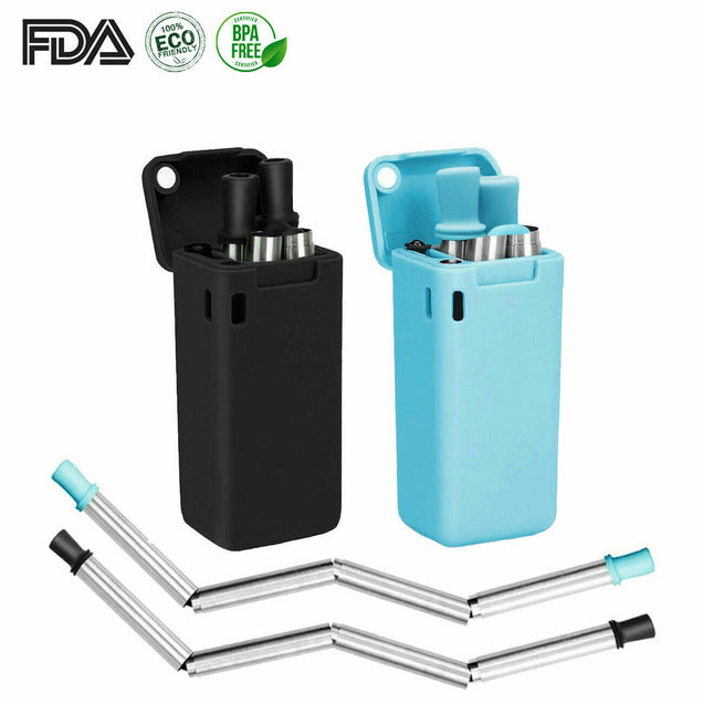 Pack of 2 ECO Friendly Reusable Collapsible Straws Stainless Steel Portable Case