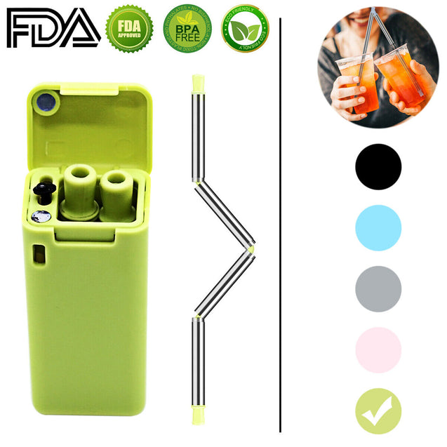 Pack of 2 ECO Friendly Reusable Collapsible Straws Stainless Steel Portable Case