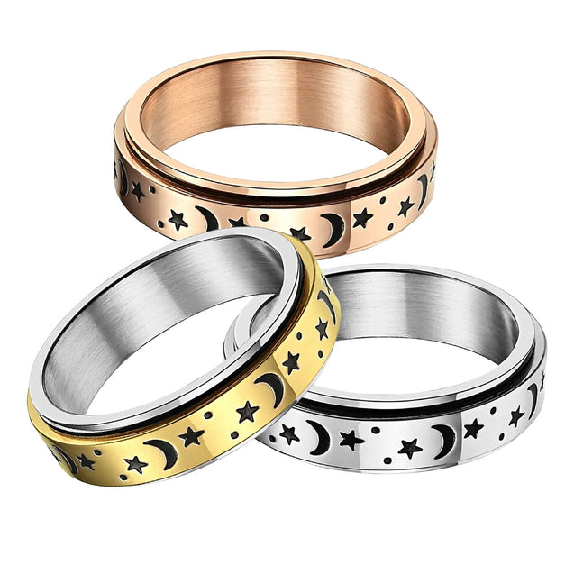 Stainless Steel Moon and Star Anxiety Spinner Ring for Men Woman Fidget 3 Color