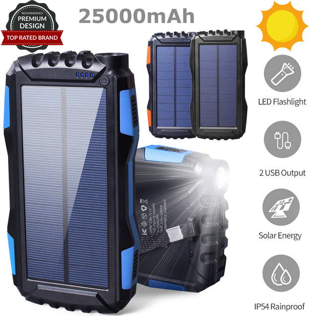 25000mAh Solar Power Bank Battery Dual USB Waterproof Charger for Phone 3 Color