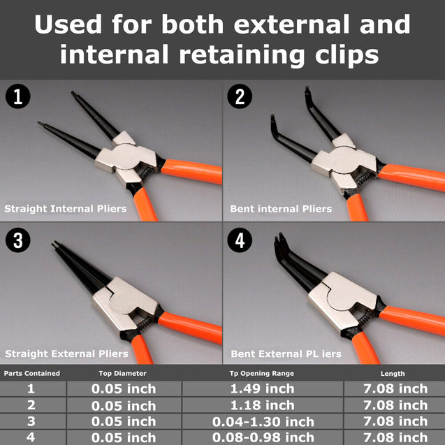 4 PCS Heavy Duty 7" Circlip Plier Snap Ring Plier External Internal Kit w/ Pouch