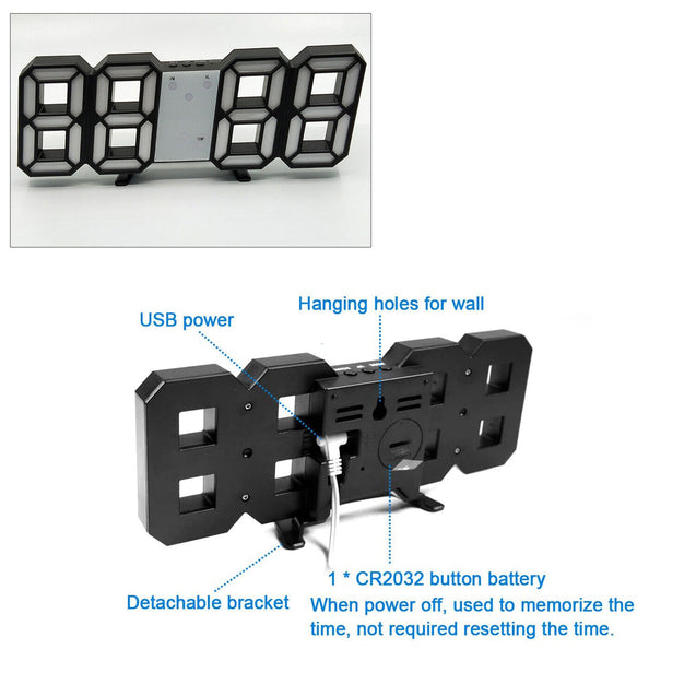 Digital 3D LED Big Wall Desk Alarm Clock Snooze 12/24 Hours Auto Brightness USB