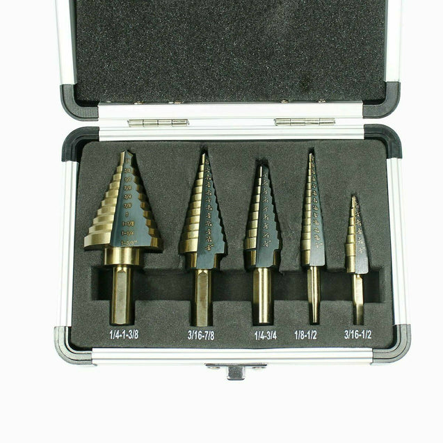5X HSS Cobalt Multiple Hole Cut 50 Sizes Step Drill Bit Set Kit w/ Aluminum Case