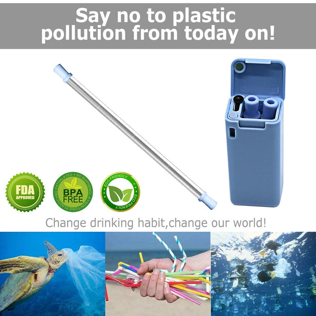 Pack of 2 ECO Friendly Reusable Collapsible Straws Stainless Steel Portable Case
