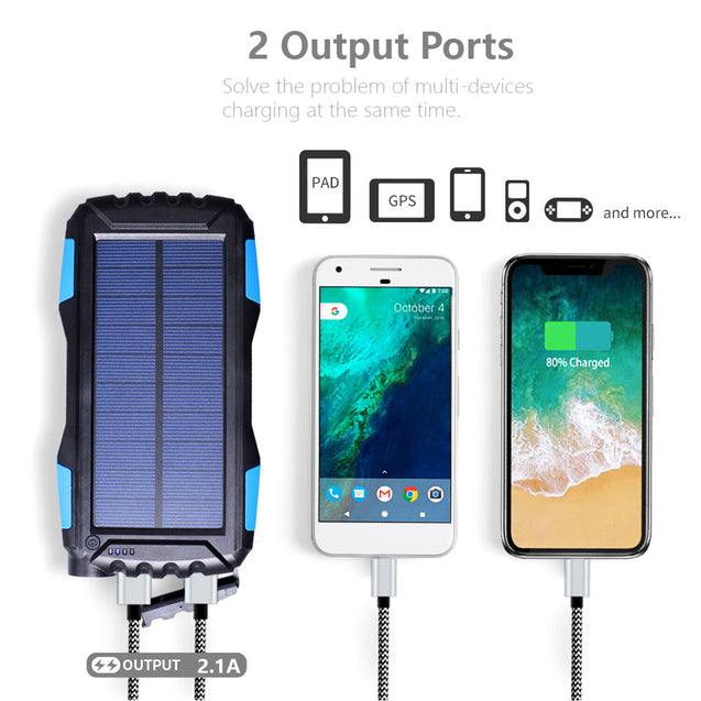25000mAh Solar Power Bank Battery Dual USB Waterproof Charger for Phone 3 Color