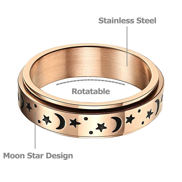 Stainless Steel Moon and Star Anxiety Spinner Ring for Men Woman Fidget 3 Color