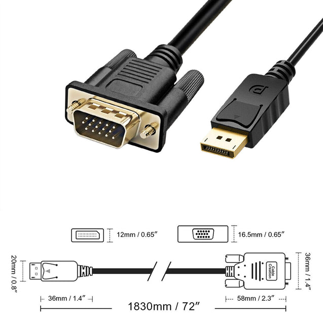 DisplayPort DP to VGA Cable Gold Plated 6 Feet Cord 1080p For Lenovo Dell HP