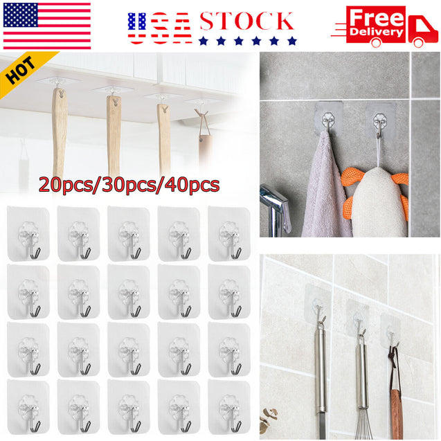 20-40PCS Adhesive Sticky Hooks Heavy Duty Wall Seamless Hook Hangers Transparent