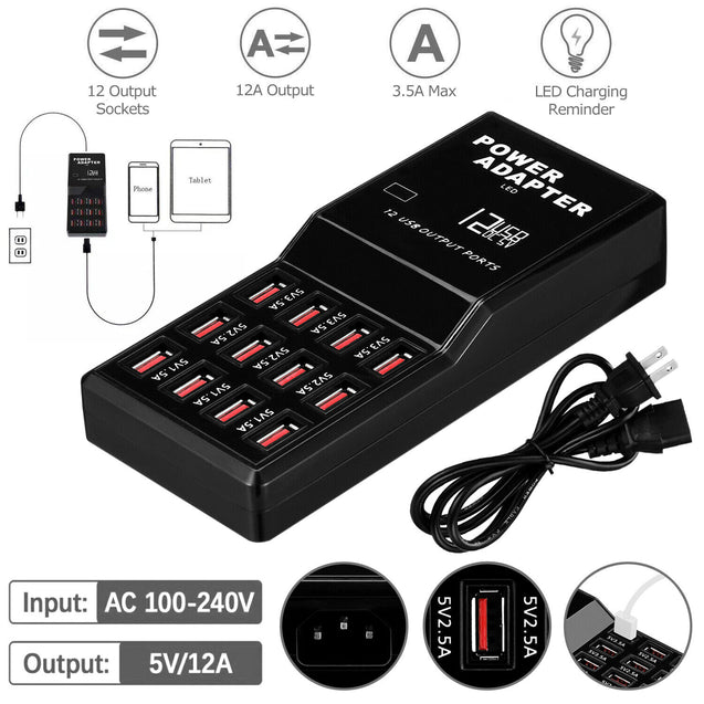 Multi 12 Port USB Charging Station Hub Desktop Wall Cell Phone Charger Organizer