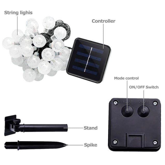 30 LED 20ft Solar String Ball Lights Outdoor Waterproof Warm White Garden Decor