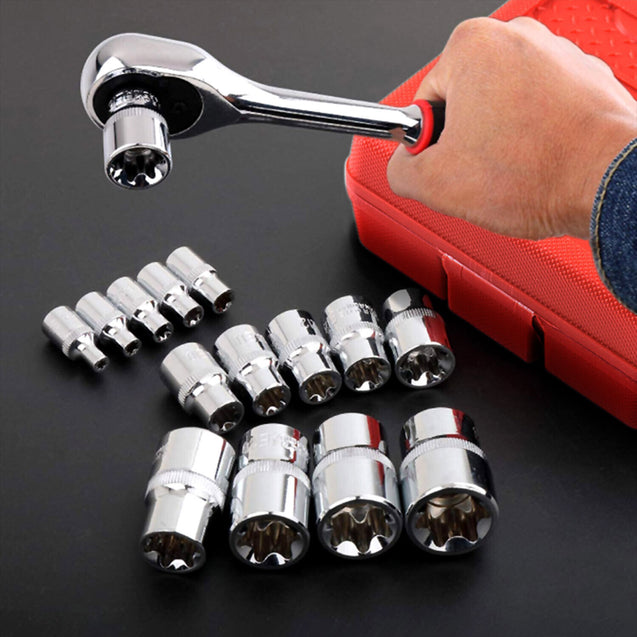14 PCS E Torx Star Female Bit Socket Set 1/2" 3/8" 1/4" Drive E4 - E24 with Case