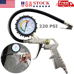 Dial Tire Inflator Gauge Flexible Hose 220 PSI Pistol Style Air Chuck Pneumatic