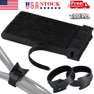 100 PCS Cable Straps Reusable Wire Cord Hook Loop Ties Black Fastening Organizer