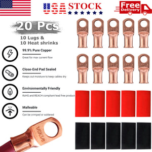 20 PCS 1/0 AWG Gauge Copper Lugs w/ RED & BLACK Heat Shrink Ring Terminals