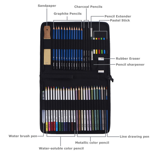 51pcs Professional Drawing Artist Kit Set Pencils and Sketch Charcoal Art & Bag
