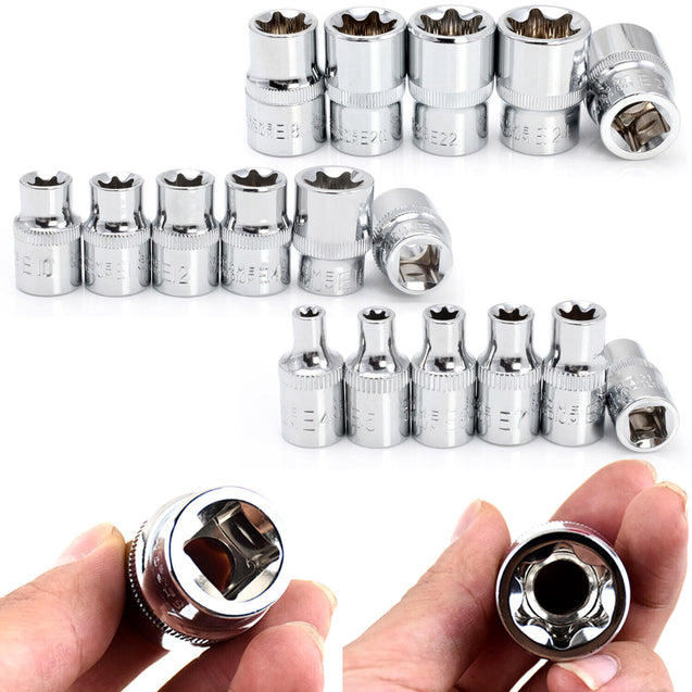 14 PCS E Torx Star Female Bit Socket Set 1/2" 3/8" 1/4" Drive E4 - E24 with Case