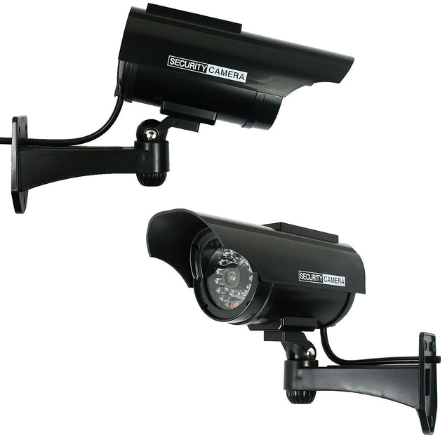 Pack of 2 Solar Powered Dummy Security Camera CCTV with LED Record Light - Black