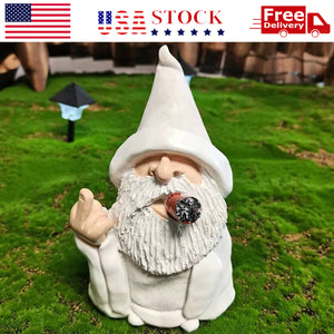 Smoking White Wizard Gnome Middle Finger Lawn Ornament Statue Garden Yard Decor