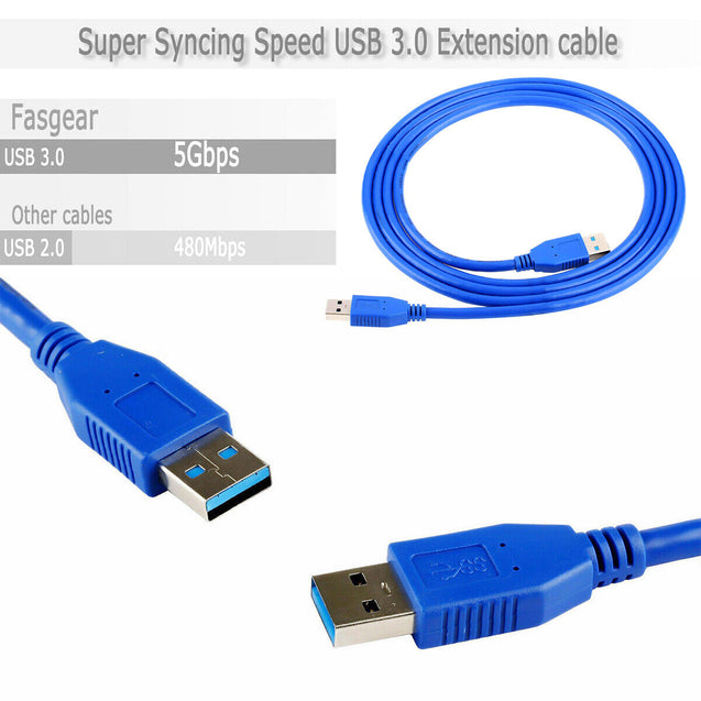 USB 3.0 A Male USB to A Male USB Cable High Speed Data Transfer Cord Blue 6 Feet