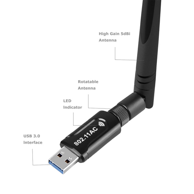 1200Mbps Wireless USB Wifi Adapter Dongle Dual Band 2.4G/5GHz W/Antenna 802.11AC