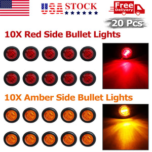 20X 3/4" 12V Marker Lights LED Truck Trailer Round Side Bullet Light Amber Red