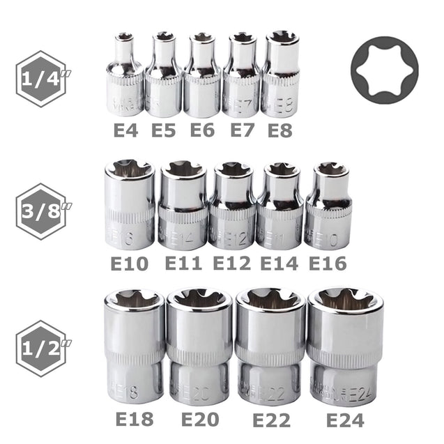 14 PCS E Torx Star Female Bit Socket Set 1/2" 3/8" 1/4" Drive E4 - E24 with Case
