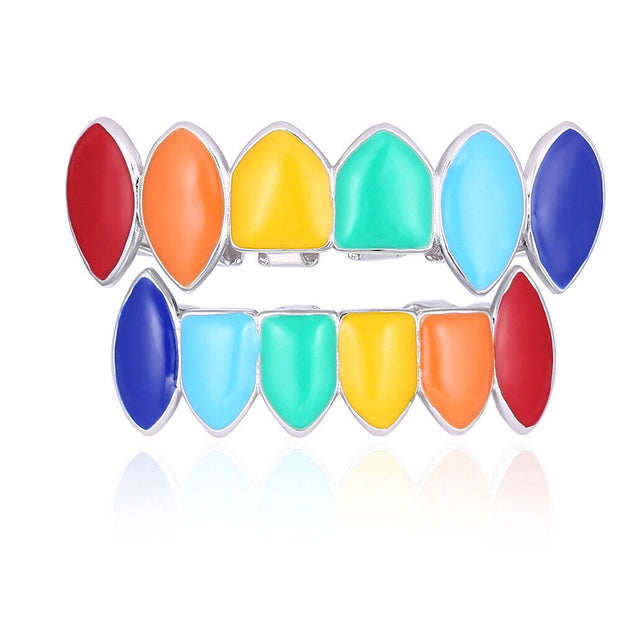 Hip Hop Grillz Teeth 14k Gold Plated Rainbow Vampire Fangs Top Bottom Set